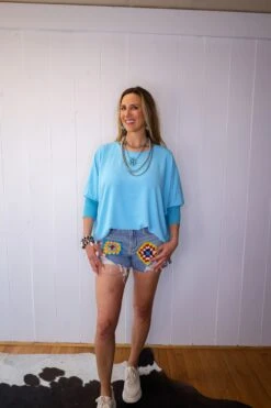 IVY JANE DOLMAN SLEEVE V-NECK RIB TOP- AQUA -Steelers Style 0D6A0093