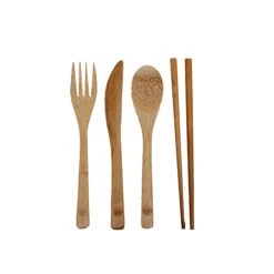 Rill Bamboo Travel Utensils: Chop Sticks, Spoon, Knife, Fork, Case With Carabiner