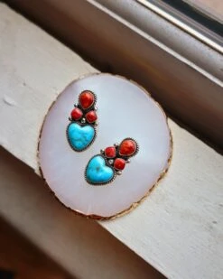 TURQUOISE HEART WITH THREE RED SPINY OYSTER DOTS EARRINGS